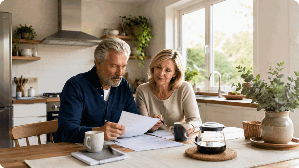 Mature couple reviewing retirement papers at a kitchen table thebestager